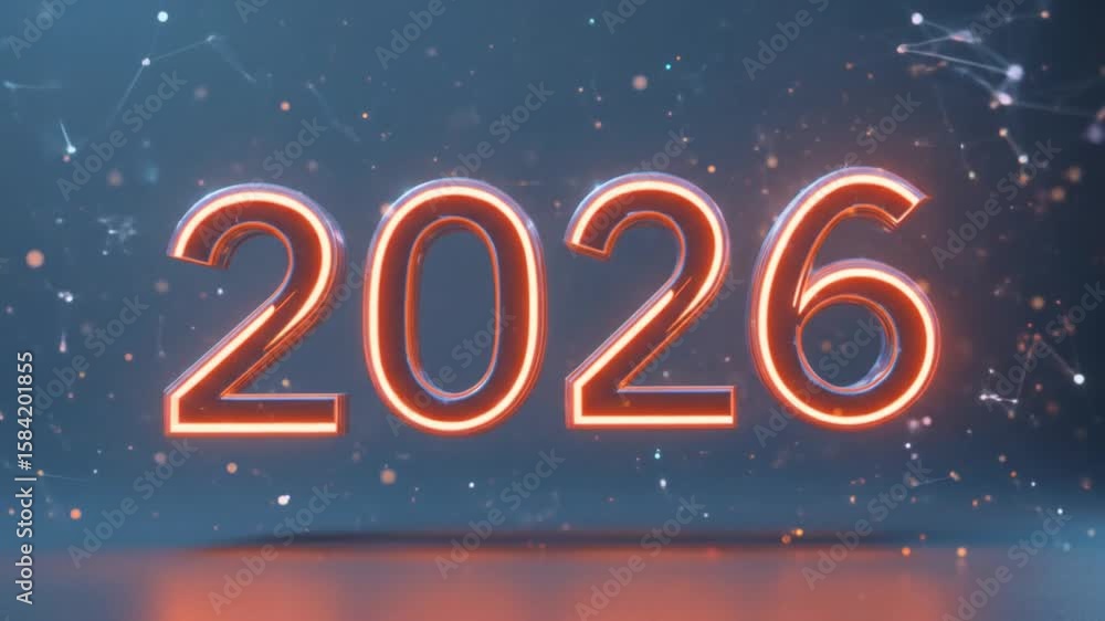 Poster futuristic 2026 new year animation with glowing numbers and particle effects background