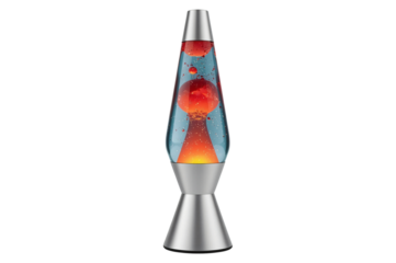 Lava lamp glowing, room dark, liquid moving, home decor