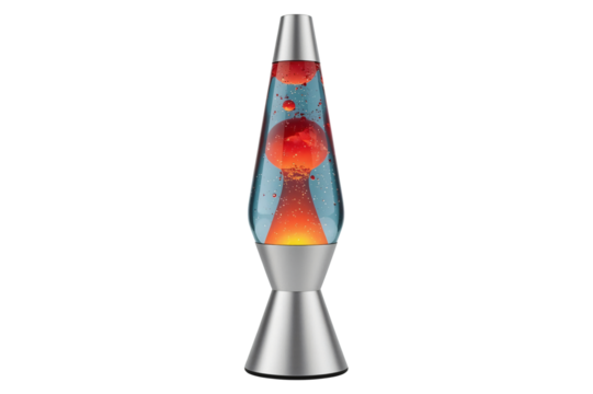 Lava lamp glowing, room dark, liquid moving, home decor