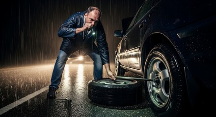 Man in Night Rain Changing Tire