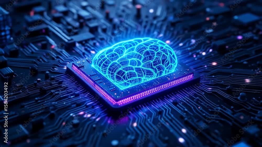 Poster futuristic ai brain circuit board animation concept of artificial intelligence
