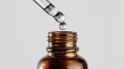 Close-up of serum dropper bottle made of tinted glass, high-end skincare product, balanced lighting and clean white background for product display