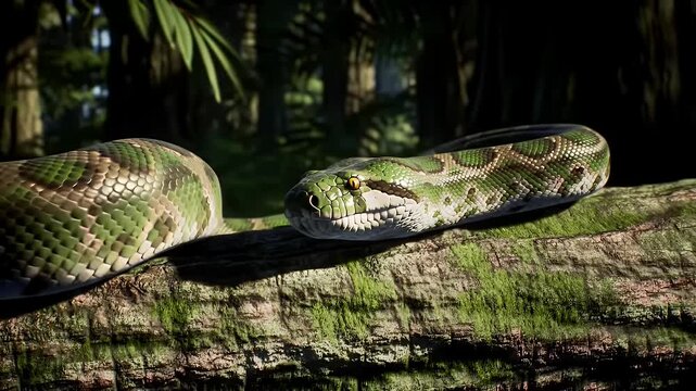 Green and Brown Snake Resting on a Mossy Tree Branch in Lush Jungle under Sunlight
