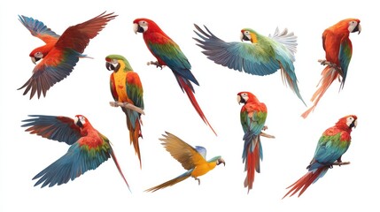 Fototapeta premium Multiple macaws in various poses--perched, flying, looking around