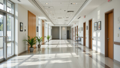 Fototapeta premium Bright and spacious corridor featuring modern design elements, large windows, and decorative plants. sunlight creates beautiful reflections on polished floor, enhancing inviting atmosphere
