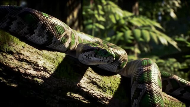 Green and White Snake Coiled on Mossy Branch in Lush Forest Close Up Low Angle