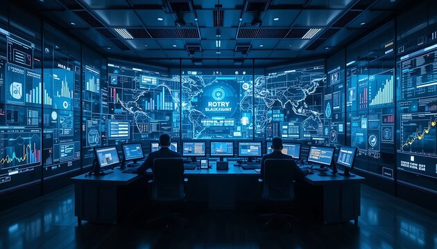 People Monitoring Global Data in Dark Blue Control Room
