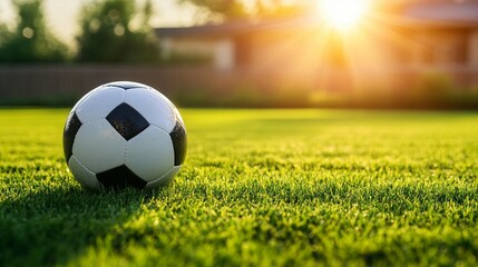 Soccer ball on a grassy field at sunset