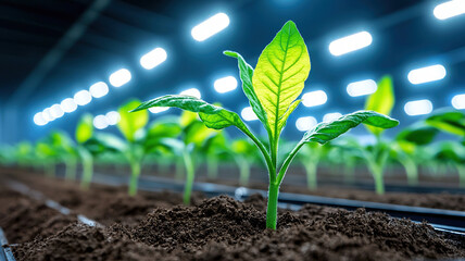 Vibrant green plant grows in high tech greenhouse with automated irrigation systems, showcasing innovation in agriculture