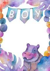 Watercolor baby boy nursery illustration. Hand-painted cute jungle hippopotamus