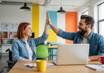 Young Disabled Employee in Wheelchair and Colleague High-Fiving in Celebration of Accomplished Work on Laptop