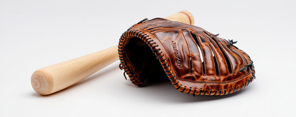 Luxury baseball glove with handcrafted leather, showcasing rich texture and detail, paired with wooden bat for classic sports