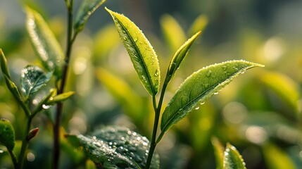 Fototapeta premium Close-Up of Green Tea Leaves – Morning Light