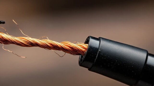 Close-up of twisted copper wire with black insulation
