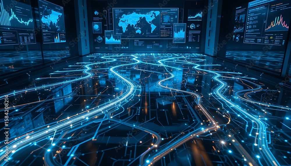 Poster futuristic data center with glowing network connections and global analytics
