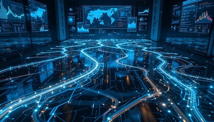 Futuristic Data Center with Glowing Network Connections and Global Analytics