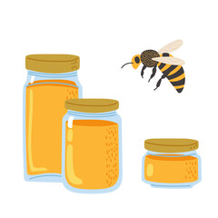 Honey jars with a bee buzzing in a bright and cheerful kitchen setting