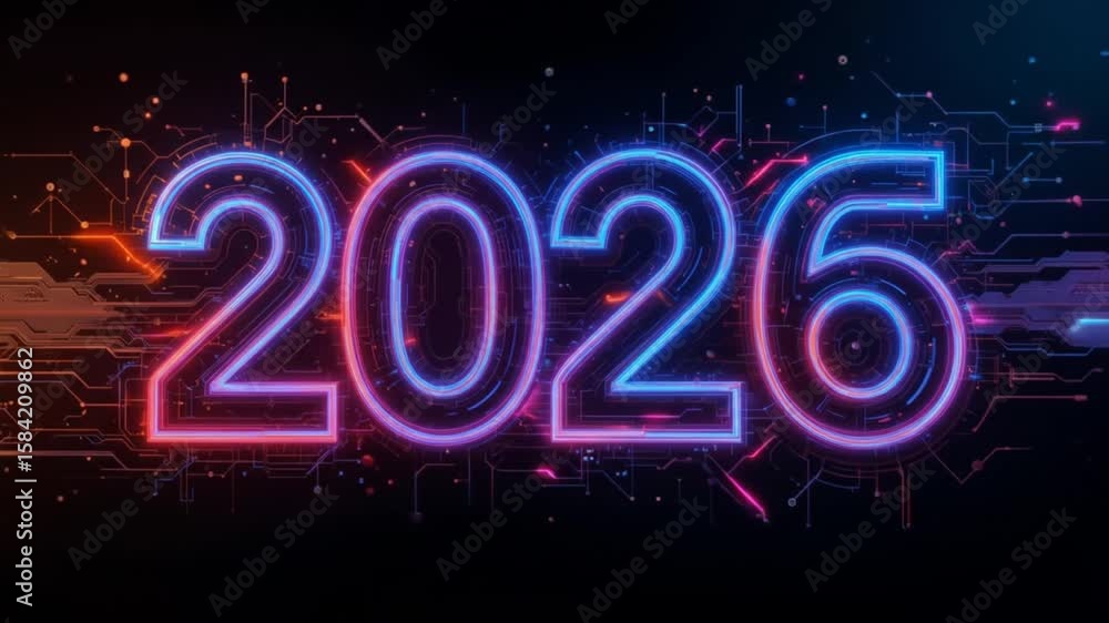Poster futuristic neon 2026 animation with circuit board background perfect for tech and new year