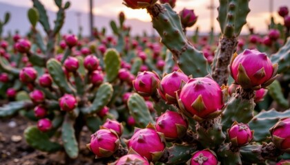 Colorful cactus garden with vibrant pink fruit and spiky green stems in a desert landscape du sunset, showcasing drought tolerant plants and natural beauty