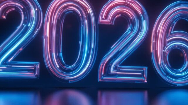 Futuristic neon 2026 year rendering with glowing pink and blue lines on a dark background