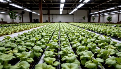 Fototapeta premium Indoor vertical hydroponic farm with lush green leafy vegetables growing in organized rows under artificial lighting for sustainable food production