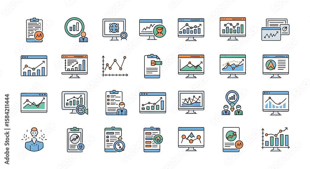 Poster collection of business analysis and data visualization icons on a white background view from above -