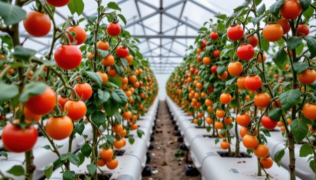 Vibrant greenhouse filled with lush tomato plants bea ripe red and orange fruits in a modern controlled environment for sustainable vegetable cultivation