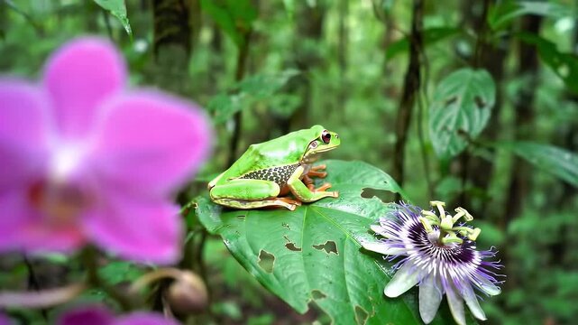Green Tree Frog Sitting on Leaf with Purple Passionflower and Orchids in Tropical Rainforest Close Up