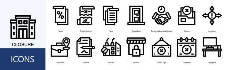 closure icon collection set. Containing Taxes, End Of Contract, Paper, Closed Door, Temporary Business Closure icon