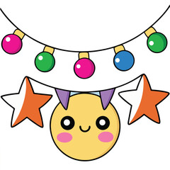 Fototapeta premium Cute vector cartoon illustration of a funny yellow Christmas star smiling with a snowman and a baby bird flying in the sky