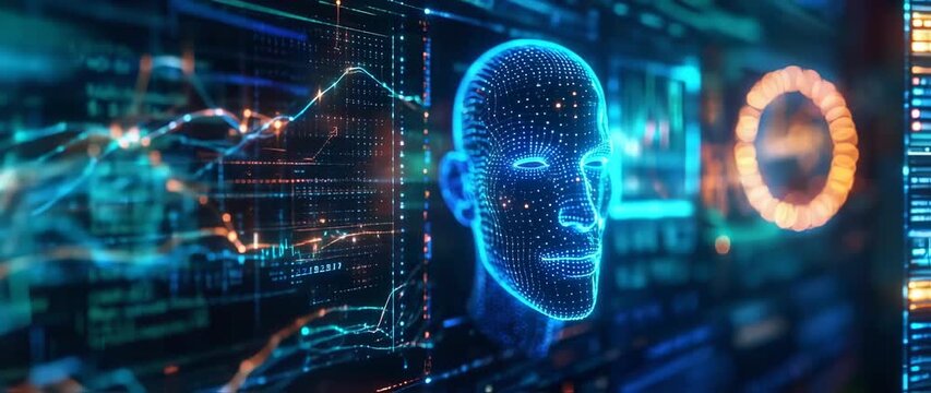 Digital holographic human face overlaid on a complex data interface - Powered by Adobe