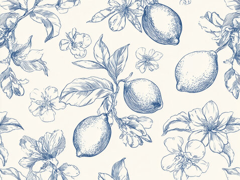 Seamless pattern with blue blooming lemon tree branches and ripe lemons