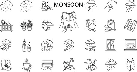 Vector art of a series of minimalist line icons representing monsoon season elements like rain clouds, lightning, umbrellas, and cozy indoor activities, isolated on white background
