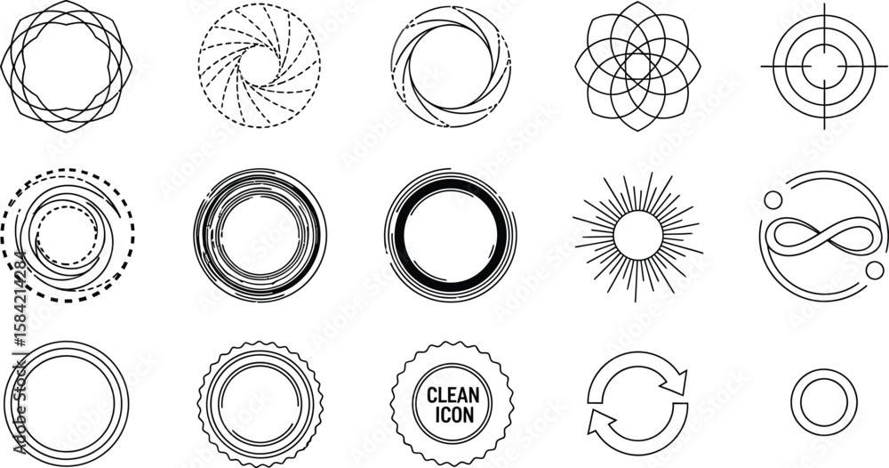 Poster vector art of a series of geometric line art icons featuring abstract circles, decorative patterns, 