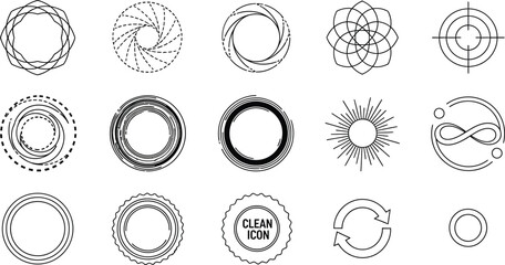 Vector art of a series of geometric line art icons featuring abstract circles, decorative patterns, and minimalist designs for modern graphics, isolated on white background