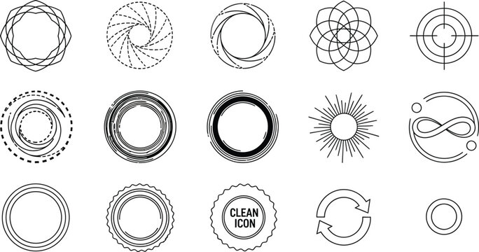 Fototapeta Vector art of a series of geometric line art icons featuring abstract circles, decorative patterns, and minimalist designs for modern graphics, isolated on white background