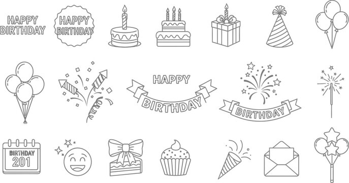 Vector art of a festive array of birthday themed line art icons, featuring cakes, balloons, and confetti isolated on white background - Powered by Adobe