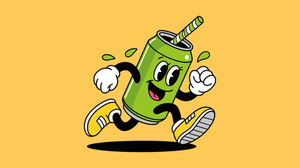 Happy smile green soda can with a straw and running