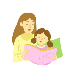 mother reading bedtime story to her daughter. Flat design vector illustration 