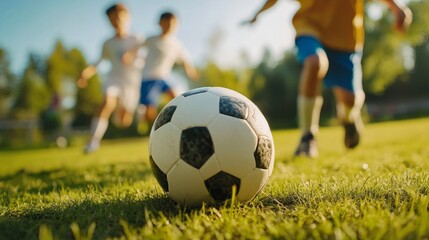 Fototapeta premium Children playing soccer in the park, close-up of the ball generative ai