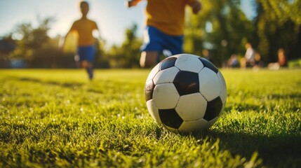 Fototapeta premium Children playing soccer in the park, close-up of the ball generative ai