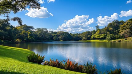 Scenic view of a lake with smooth water surface and natural surroundings