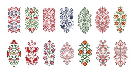 Collection of pixelated floral and animal designs  white background