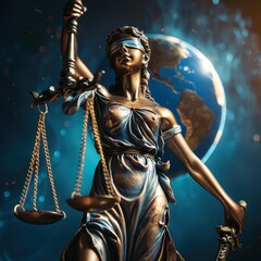 A majestic bronze statue of Lady Justice, blindfolded and holding her scales and sword, stands resolutely before a glowing blue Earth, symbolizing global justice, law, and international order