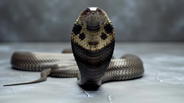 Low Angle View of Black Cobra Snake Rising and Shaking Head with Gray Scale Skin and Black and Beige Colored Markings In Intimidation Stance Against Gray Background