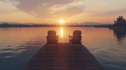 Two wooden chairs on a wood pier overlooking a lake at sunset
