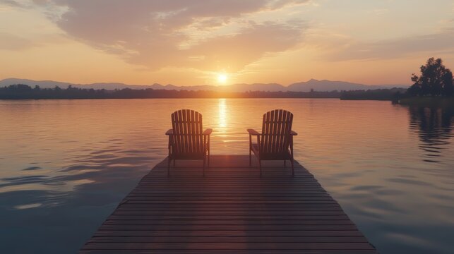 Fototapeta Two wooden chairs on a wood pier overlooking a lake at sunset
