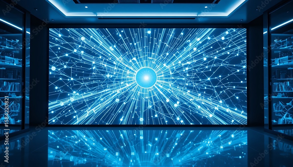 Poster abstract data visualization on large screen in modern dark room