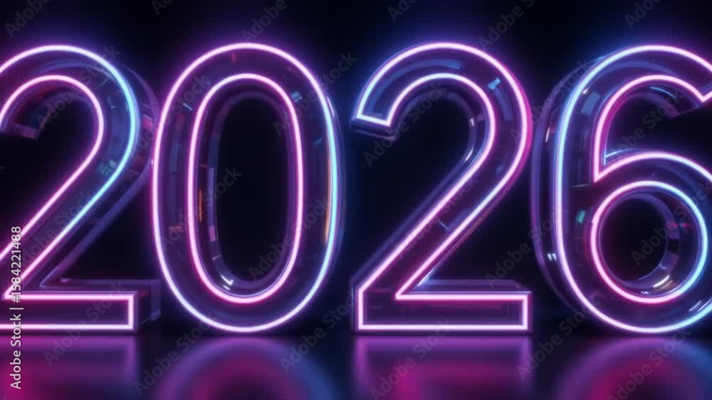 Poster neon 2026: futuristic glowing date display with dynamic lighting and reflection effects