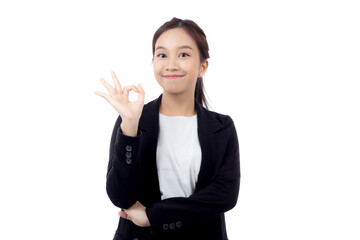 Portrait young asian business woman in suit gesture ok with confident and achievement isolated...